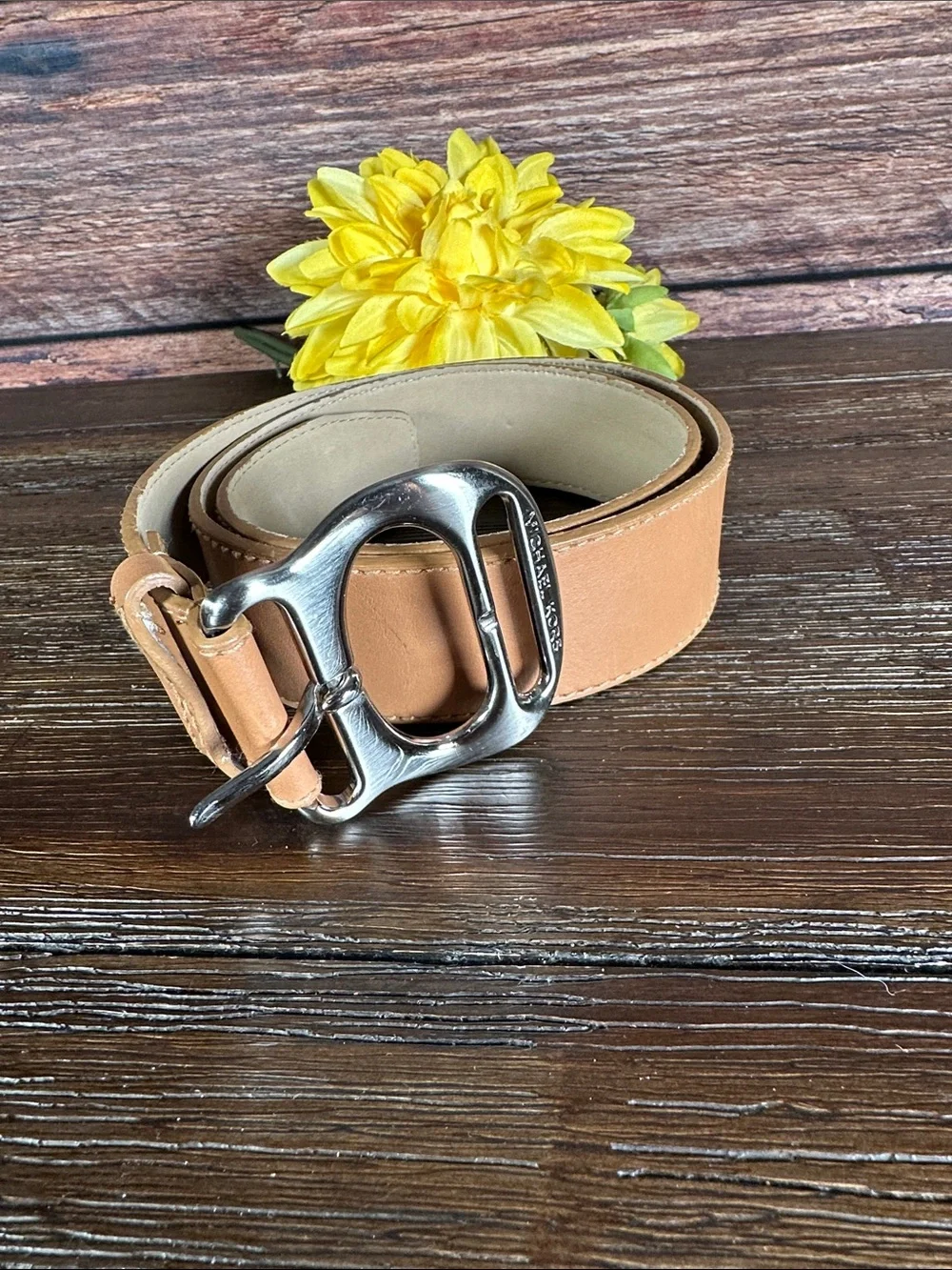 Michael Kors Tan Leather Belt with Sculpted Brushed Silver Buckle